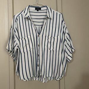 Velvet Heart Button Up Shirt Womens Large White Blue Striped Short Sleeve Top